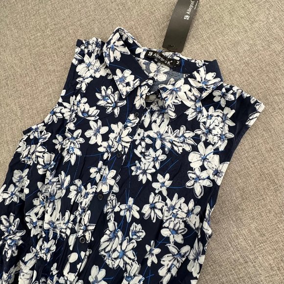 Allegra K Sundress Floral‎ Navy Blue White Dress Medium Rayon Button Down - Picture 9 of 11